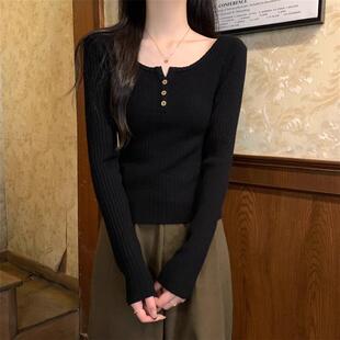 u领针织打底衫女秋冬短款修身内搭毛衣外穿收腰miu浅色小个子上衣