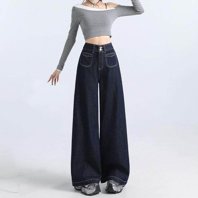 复古丹宁蓝阔腿牛仔裤女2025新款秋冬季高腰显瘦百搭直筒拖地裤子