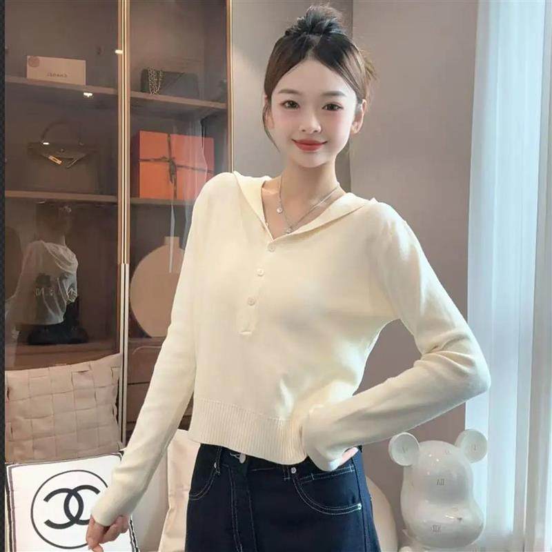 美式辣妹黄色连帽针织衫女秋季设计感修身收腰长袖毛衣内搭短上衣