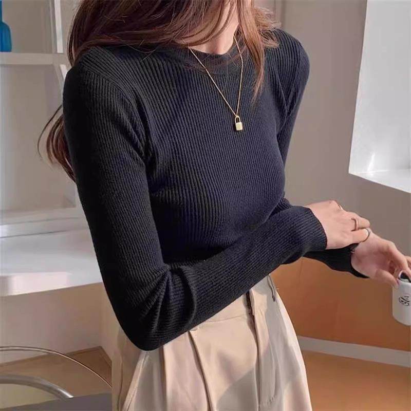 显瘦正肩圆领针织打底衫女秋季修身紧身毛衣内搭长袖t恤黑色上衣
