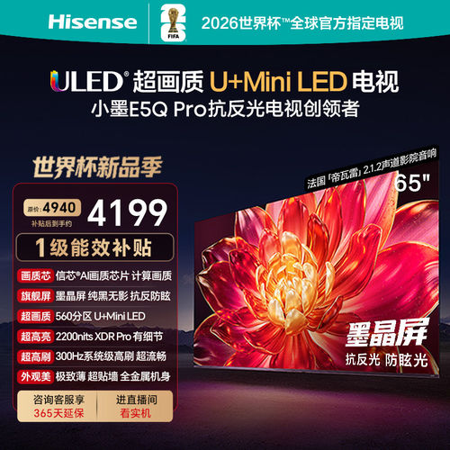 海信小墨E5Q Pro 65英寸 超画质U+MiniLED墨晶屏 智能语音电视机