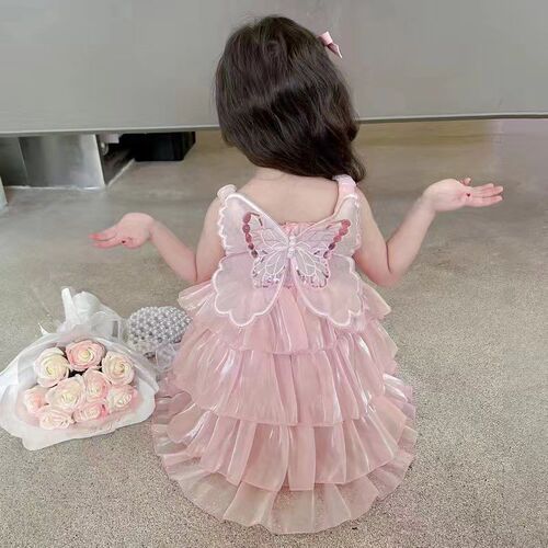 2023 Kids Dress Girl Summer Dress Rainbow Butterfly Wings Fl