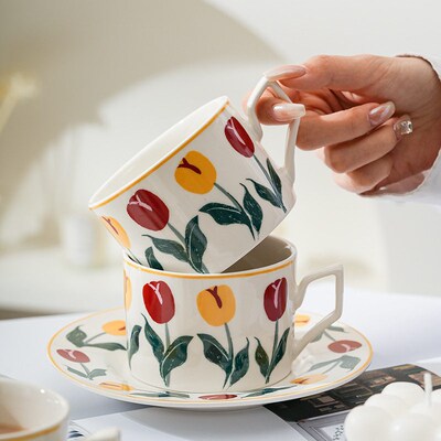 Hand-painted Medieval Tulip ffee Cup Set Ceramic Cup Mug Ins