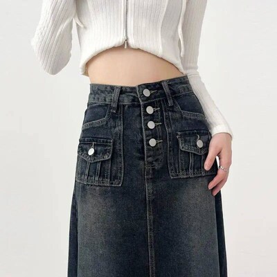 High-waisted Cargo Denim Skirt Womens Autumn Long A-line Mi
