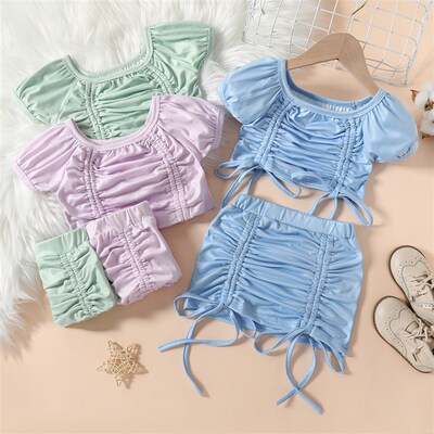 Little Baby Girl Two-Piece Outfits Solid Tie-Up Straps Pleat