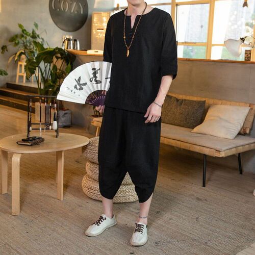 2025 Mens Linen Suit Chinese Style Plus Size Loose Cropped