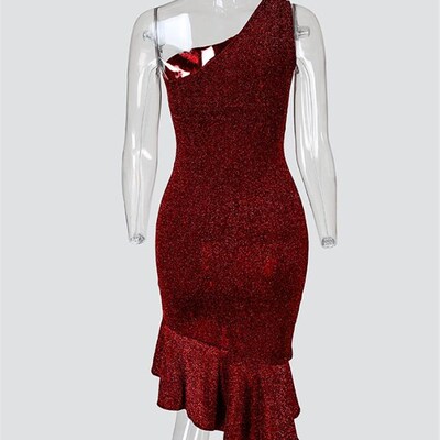 Glitter One Shoulder Twisted Ruffles Party Dress Red Sexy