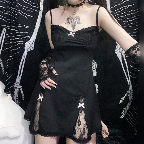 Xingqing yk Black Mini Dress Cute Sweet Girl Lace Trim
