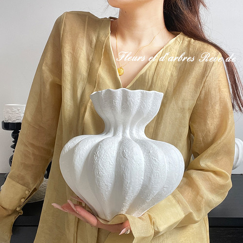 高级感法式诧寂风大花瓶白色肌理感陶瓷摆件家居中古风艺术花器