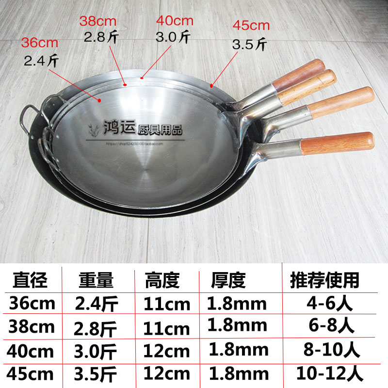饭店炒菜锅圆底加厚熟铁锅家用炒锅电磁炉锅燃气灶无涂层锅不粘锅