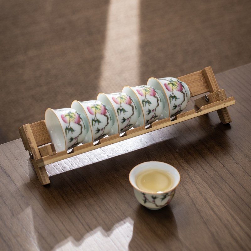 功夫茶杯6个装品茗杯陶瓷内白中式复古风图案茶具单杯带沥水杯架