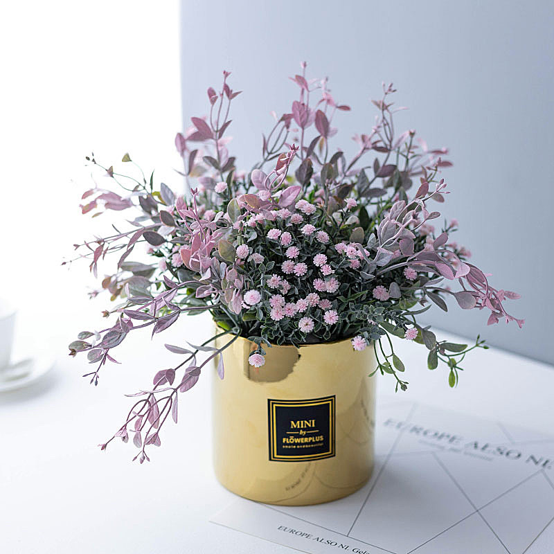 仿真玫红满天星尤加利干花金色陶瓷花瓶桶花筒艺茶几餐桌摆件套装,家居饰品,婚庆/商业花艺,淘宝优惠券,粉丝福利购,淘宝优惠卷