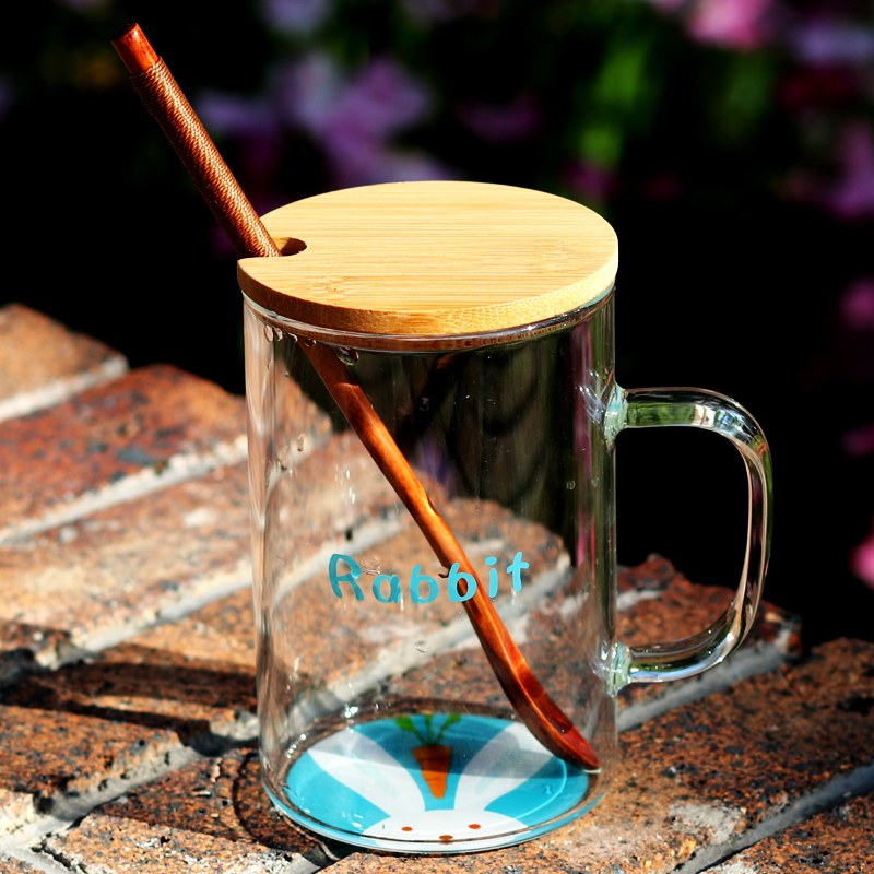 创意动物杯底世界透明玻璃杯子可爱清新带盖水杯马克咖啡杯500ml