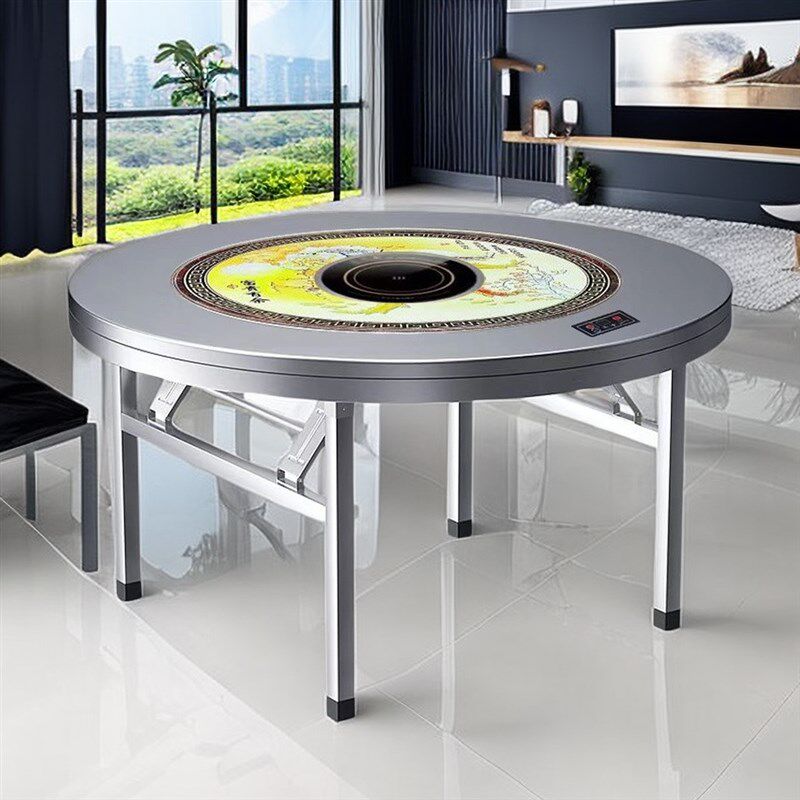 不锈钢转盘圆桌火锅桌加厚内置彩图可折叠餐桌打边炉桌子送电磁炉,住宅家具,不锈钢/PVC餐桌,淘宝优惠券,粉丝福利购,淘宝优惠卷
