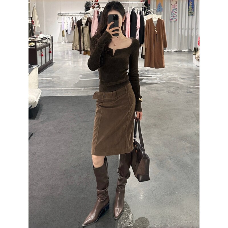 韩系搭配一整套早春高级感御姐轻熟风气质内搭针织衫半身裙两件套