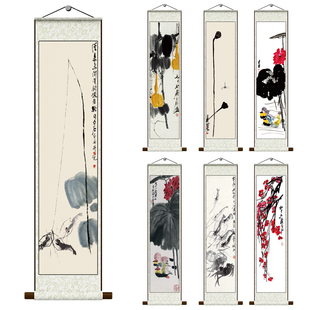 齐白石梅花葫芦画国画丝绸卷轴画仿古书房装饰画花鸟挂画钓虾挂画