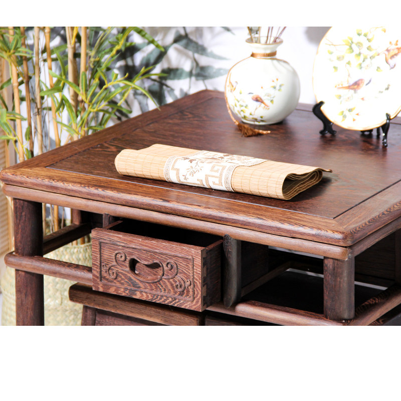 红木鸡翅木带抽屉实木餐桌方桌麻将棋牌桌茶阳台桌卯榫饭桌学习桌