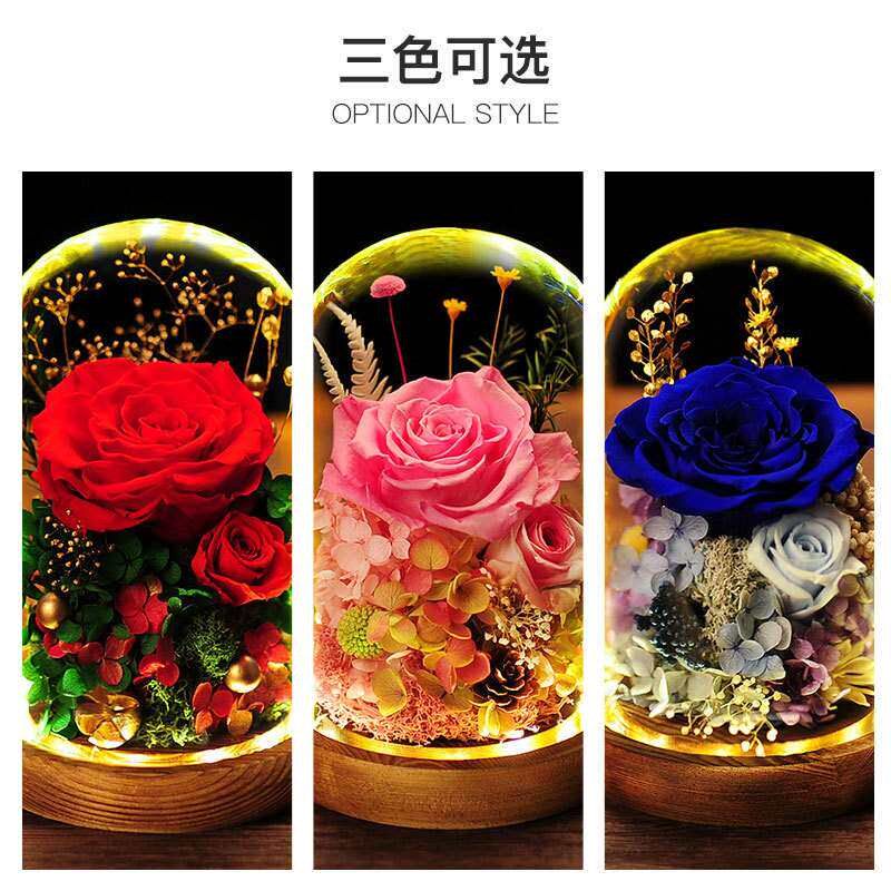Eternal Flower Glass Cover Gift Box Dried Flower Rose Valent
