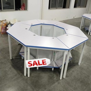 钢木课桌学校铁皮六边形电脑桌六角钢制微机室八边桌学生机房