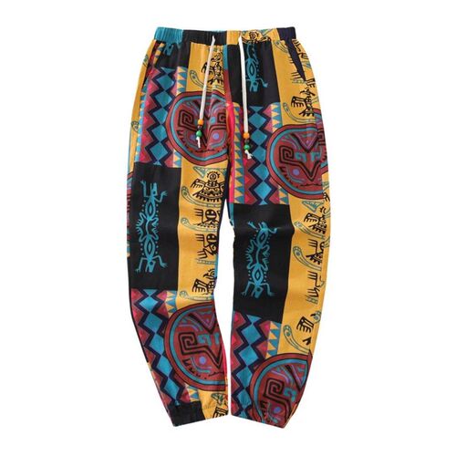 Mens Boho Tribal Print Sretch Linen Pnats Cotton Blend Draws