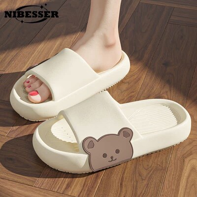 Women Summer Slippers Beach Slides Cartoon Bear Flip Flops M