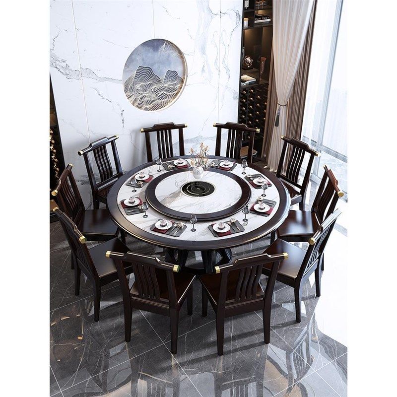 实木岩板圆形餐桌椅带电动转盘电磁炉家用10人饭桌火锅大圆桌,住宅家具,岩板餐桌,淘宝优惠券,粉丝福利购,淘宝优惠卷
