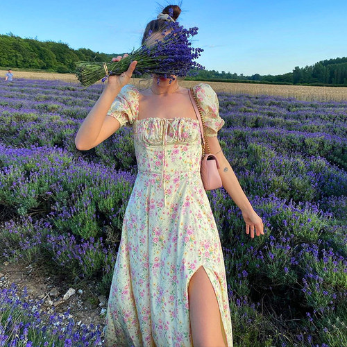 Womens Flowers Puff Sleeve Midi Dress Summer Sweet Vintage