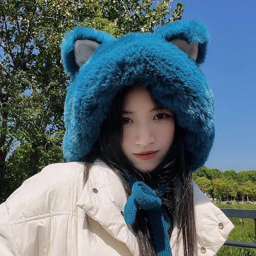 Cute Faux Fur Earflaps Cap with Fox Ears for Women Knitted H