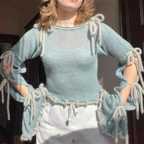 streetwear pullover s decor bow with tops loose long neck