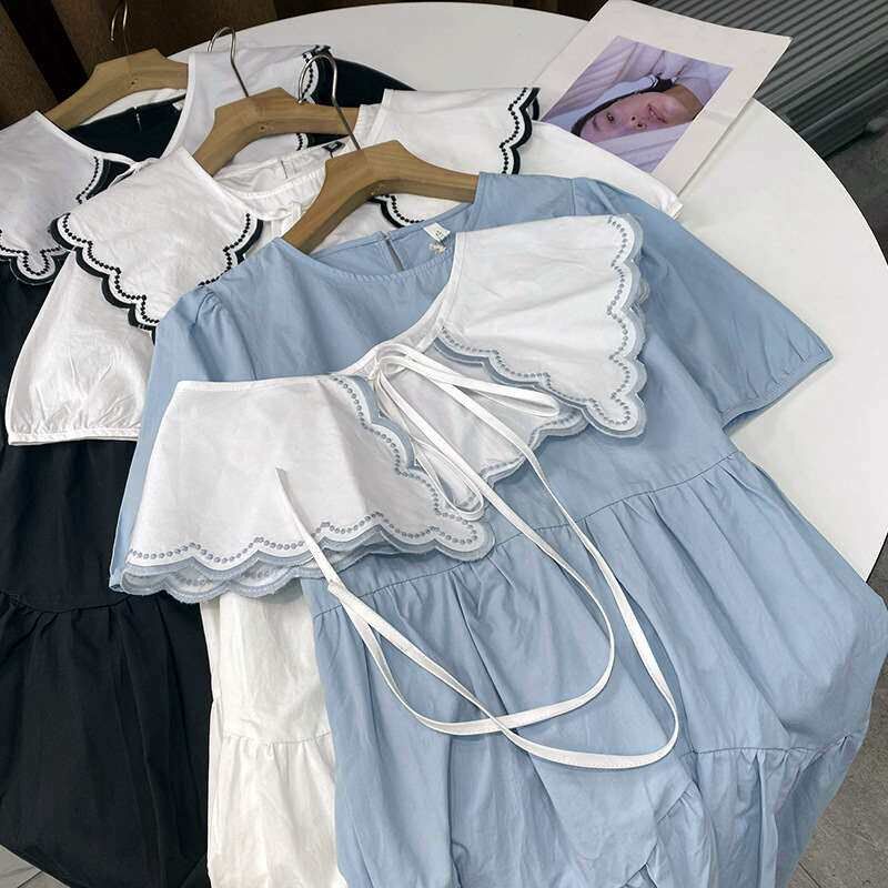 3.19GGXY Cool White Lace-up Shawl Crewneck Short Sleeve Midi - 实物图