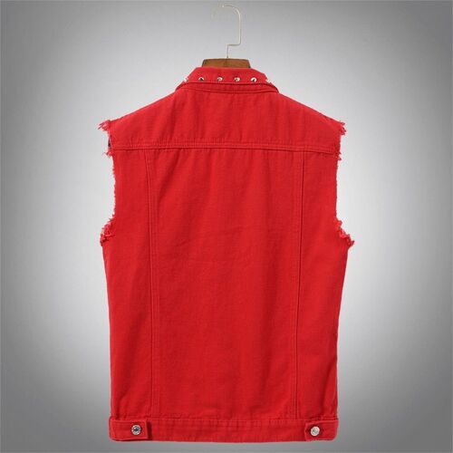 rendy Mens Denim Vest Korean Slim Fit Red Waistcoat Rivet o
