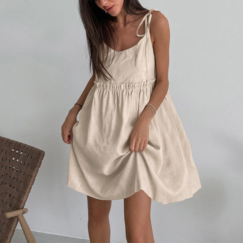 Women Cotton Linen Dress Vacation Spaghetti Strap Dress