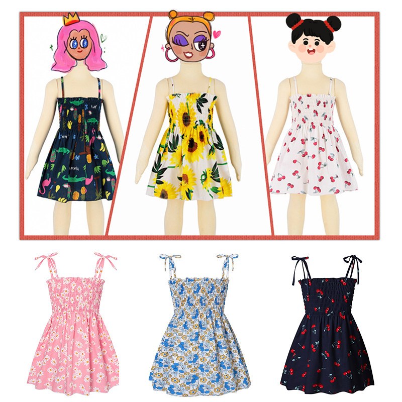 New1-7 Years Kids Dresses Girls Summer Sleeveless Strap Prin图片
