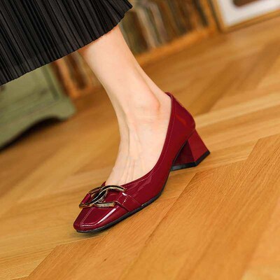 332-8 Sheepskin Square Heel Shoes Womens Thick Heel French