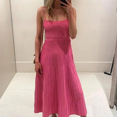 Solid Knitted Slash Neck High Waist Suspender Dress Elegant