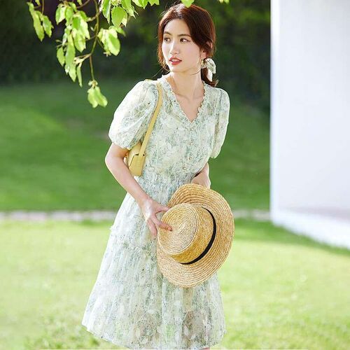 Amoi commuting ladies embroidered puff sleeve V-neck chiffon
