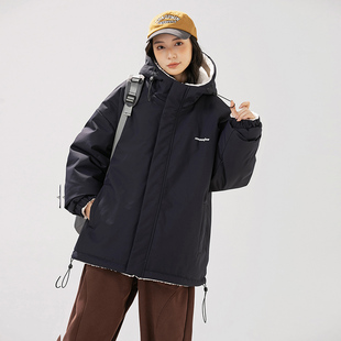 冬季连帽双面穿羊羔绒棉服男款潮牌户外冲锋衣棉袄羊羔毛加厚外套