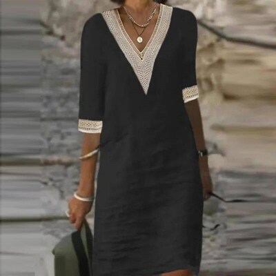 Women Cotton Linen Dress Summer Fashion Solid Color Hallow O