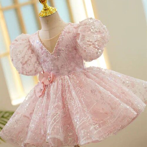 Pink Flower Puff Sleeve Flower Girl Dresses for Weddings V-n