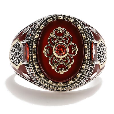 Retro Luxury Natural Red Stone Turkish Handmade Crown Ring I