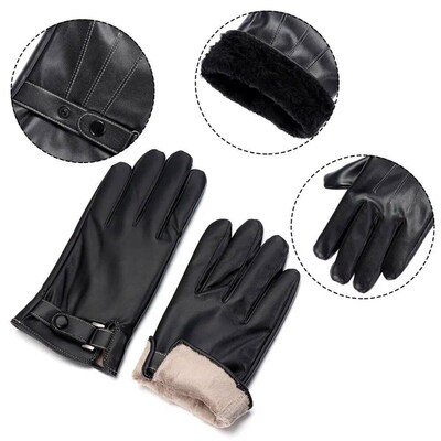Mens Fleece Thermal Leather Gloves Winter Warm Touch Screen