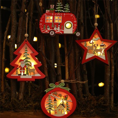 LED Light Christmas Tree Star Car Wooden Pendants Ornaments
