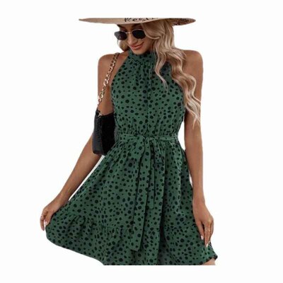 Womens Sleeveless Polka Dot Lace-up Ruffle Dress