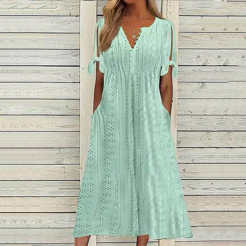 Women Summer Dress Solid Color Hollow Out Short Sleeves V