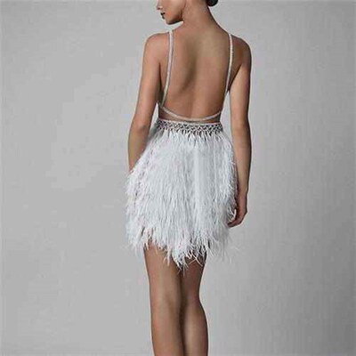 Strap collar feather dress womens banquet evening dress