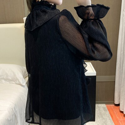 Korean Ruffles Stitching Elegant Lace Blouse Woman Stand