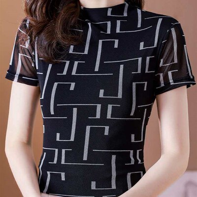 Womens Half-sleeve Summer New Half-high Collar Mesh Short-s