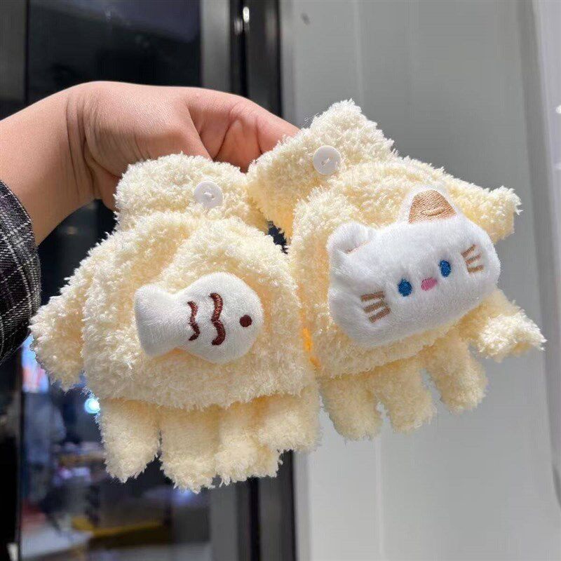 工厂好物儿童手套半指卡通加厚冬季保暖毛绒女童小猫可爱翻盖写字