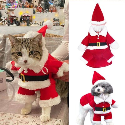 Pet Cat Christmas Clothes Winter Warm Costumes Funny Santa C