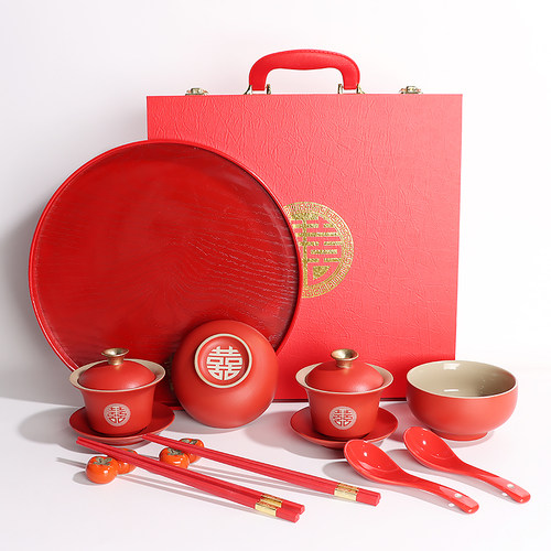 结婚改口敬茶杯子婚礼喜杯盖碗对杯碗筷套装喜碗红色托盘用品大全